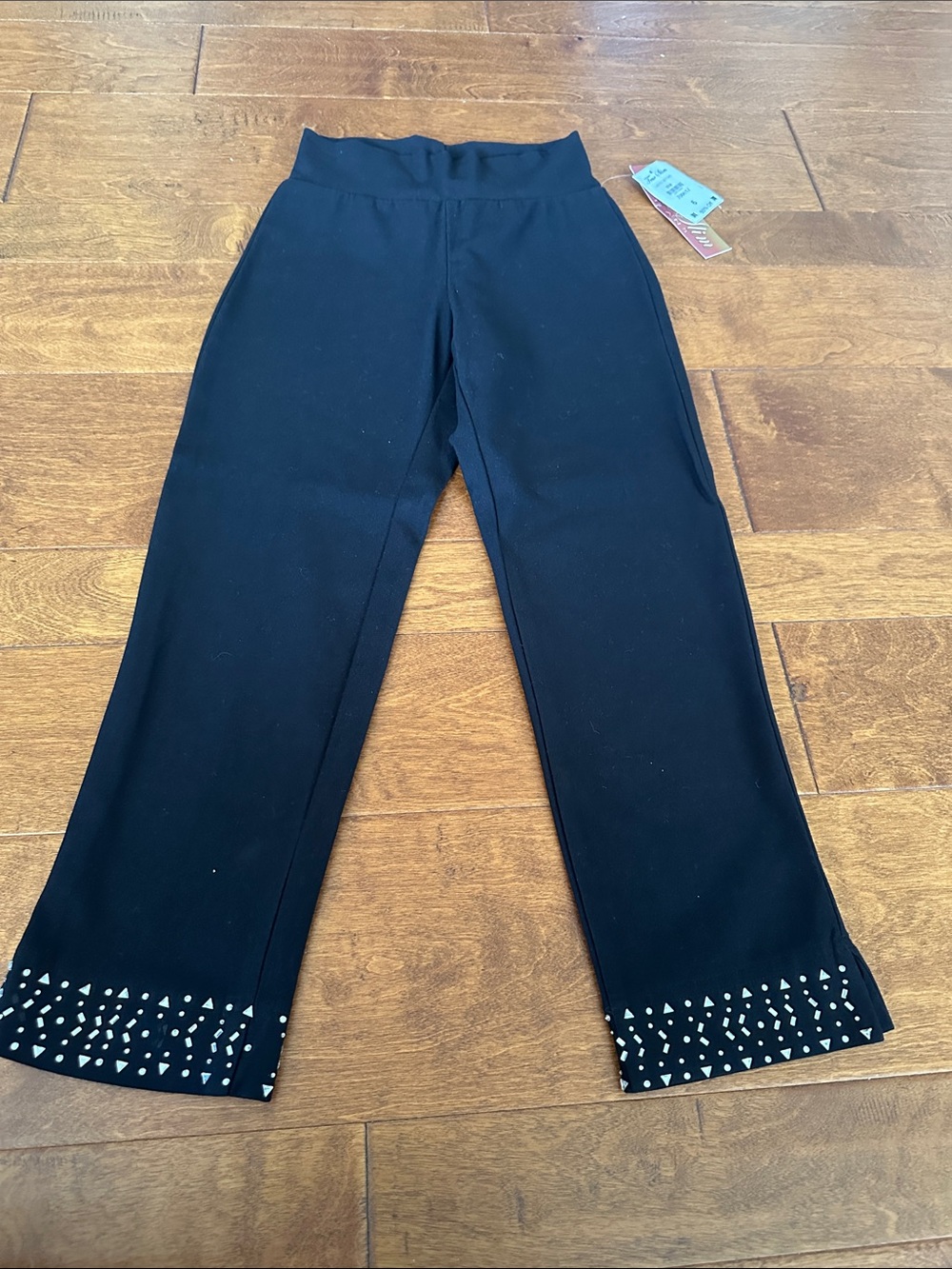 Girls' Black Knit Capris with Embellished Hem